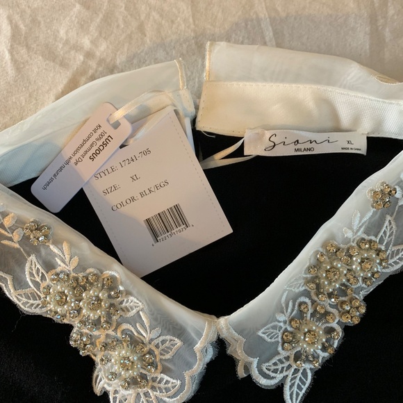 Siani Milano Black Knit Top White Embellished Lace Collar XL NWT - Picture 6 of 9
